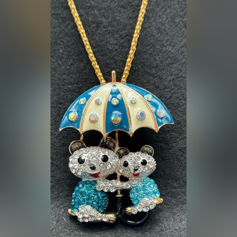 Betsey Johnson Crystal Bear Umbrella Pendant Necklace Blue Rhinestone Novelty